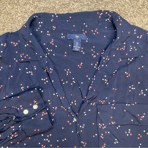 Gap casual long sleeve button-down blouse top polkadot large hi-low navy‎ women